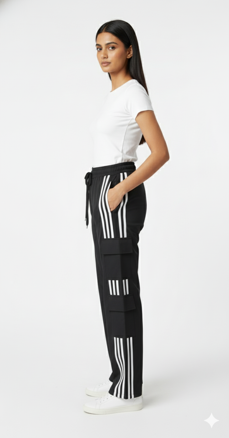 Unisex Black Triple-Stripe Cargo Track Pants | Premium Polyester Comfort Fit Joggers