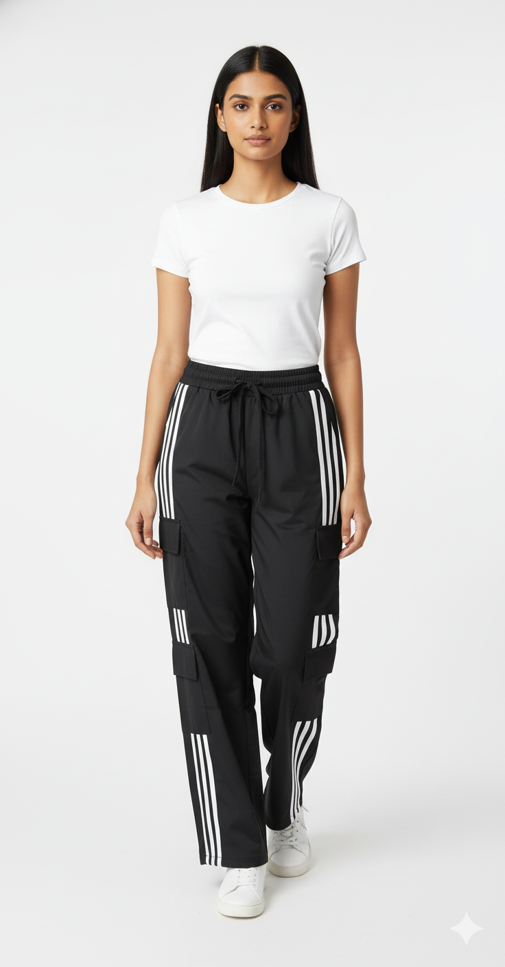Unisex Black Triple-Stripe Cargo Track Pants | Premium Polyester Comfort Fit Joggers