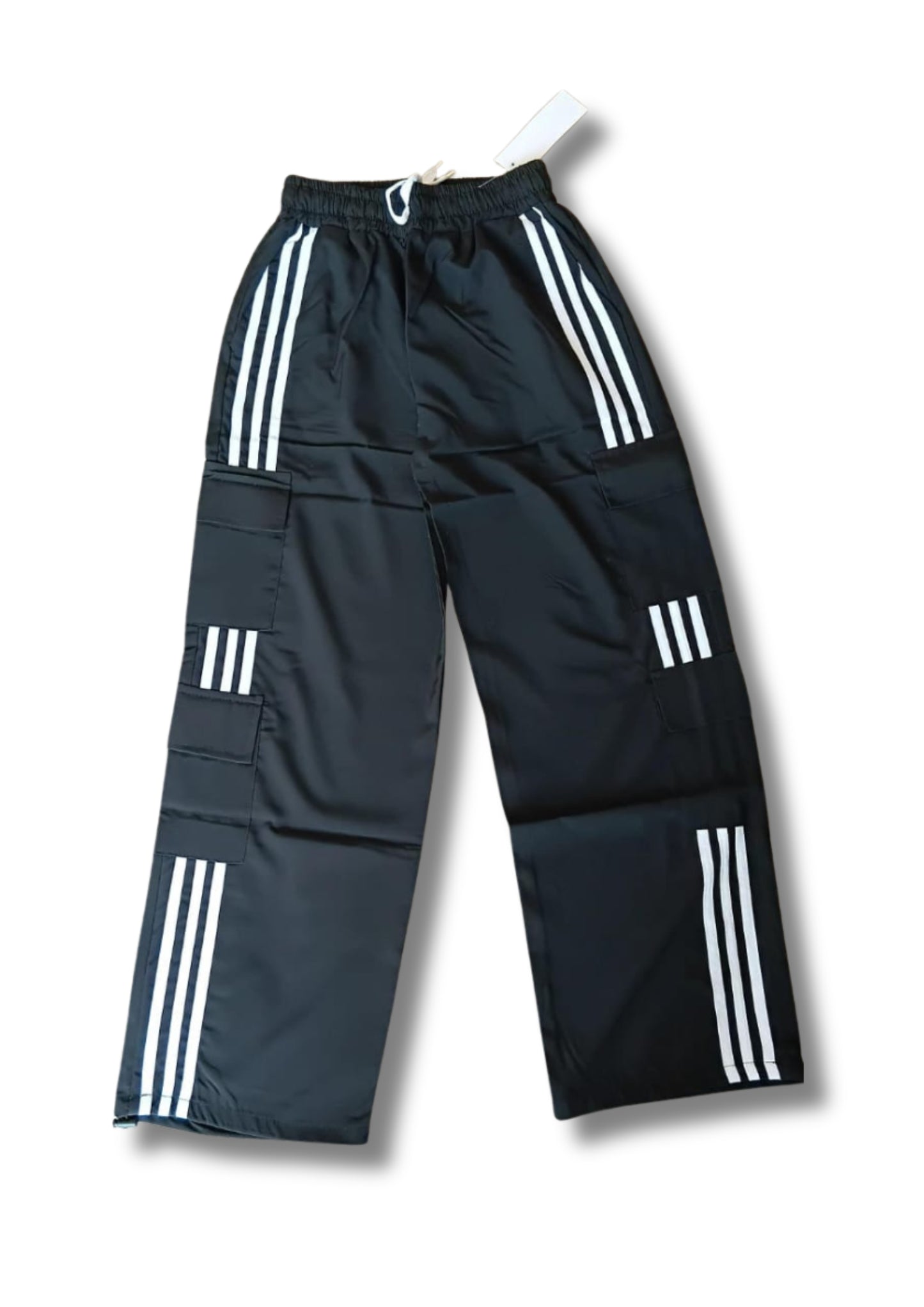 Unisex Black Triple-Stripe Cargo Track Pants | Premium Polyester Comfort Fit Joggers