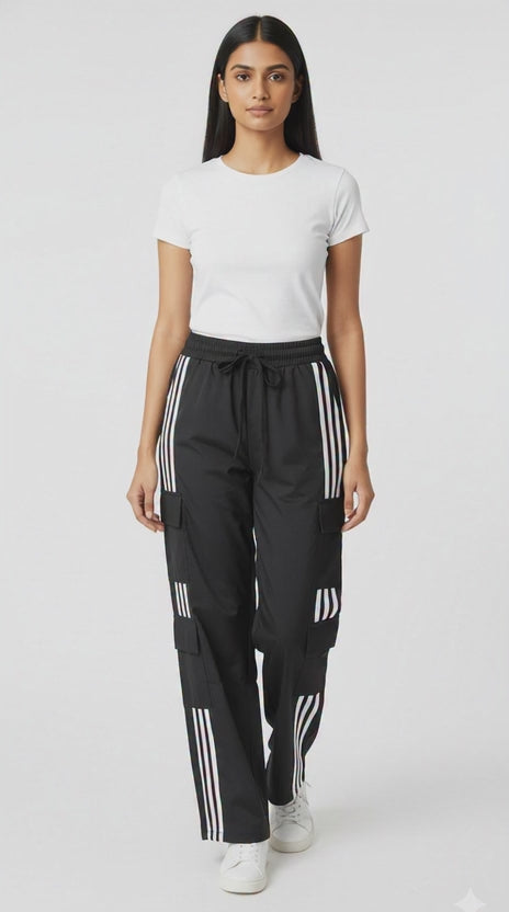 Unisex Black Triple-Stripe Cargo Track Pants | Premium Polyester Comfort Fit Joggers